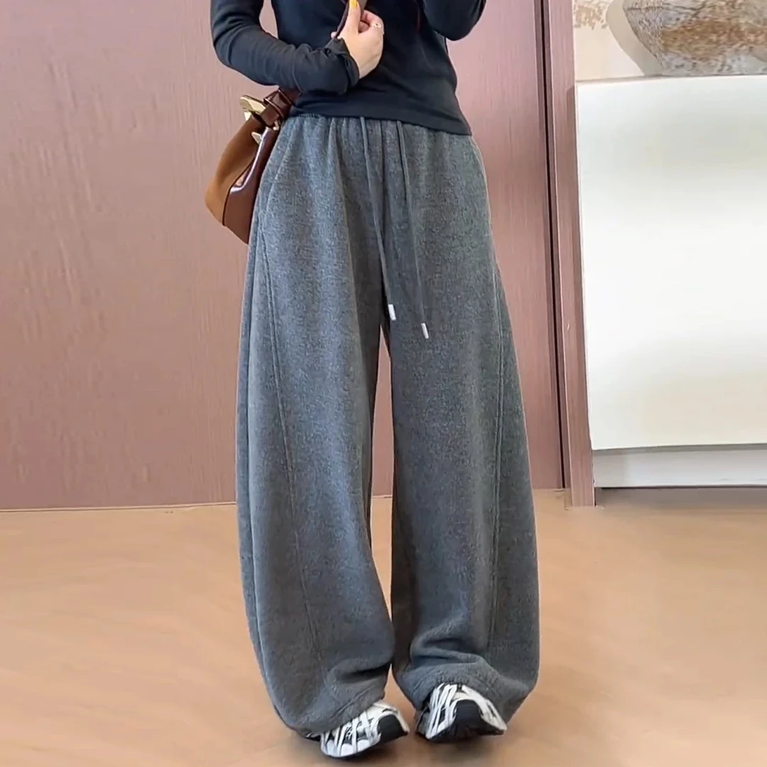 羊毛呢休闲阔腿裤女2025秋冬新款松紧高腰显瘦加厚保暖直筒弯刀裤