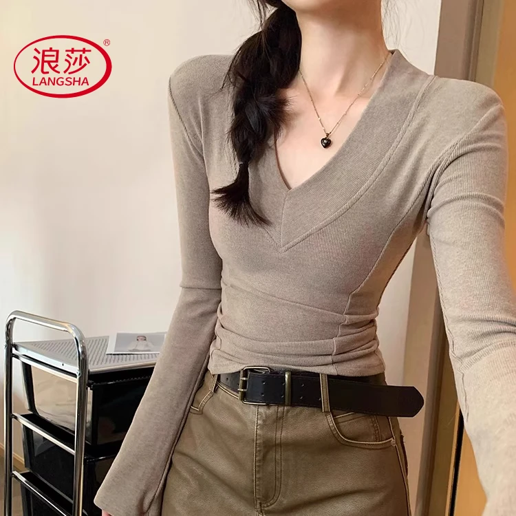 浪莎V领长袖t恤女秋冬2026年新款高级感带垫肩打底衫内搭气质上衣