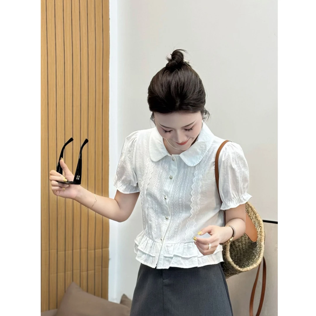 法式甜美短袖衬衫女夏季精致拼接蕾丝上衣荷叶边衬衫【温柔引力】
