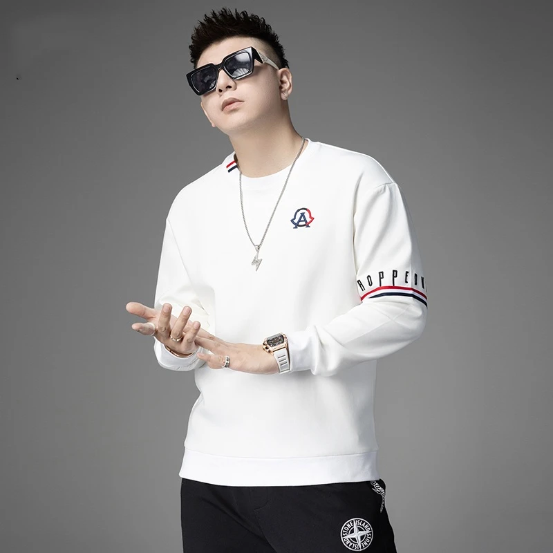 潮流白色圆领长袖卫衣男春秋新款潮牌刺绣休闲宽松套头衫外套男装