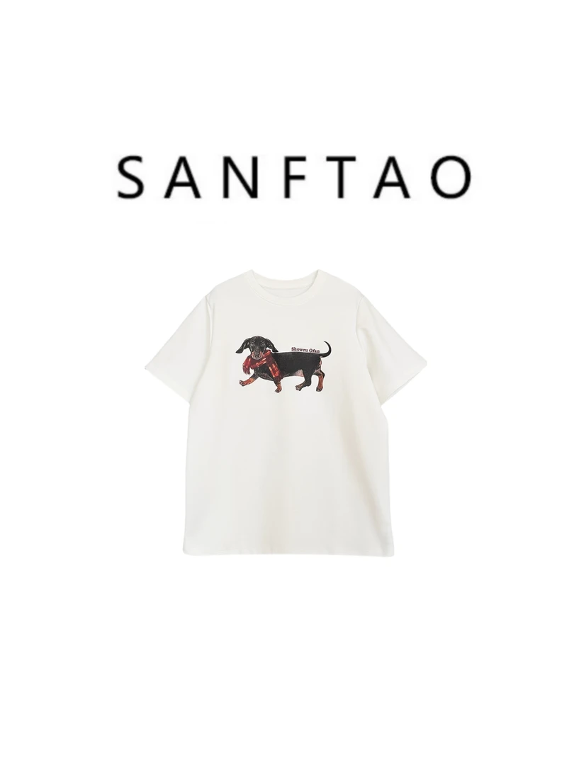 【美式复古 卡通趣味】美式腊肠狗印花短袖个性松弛感休闲T恤19245