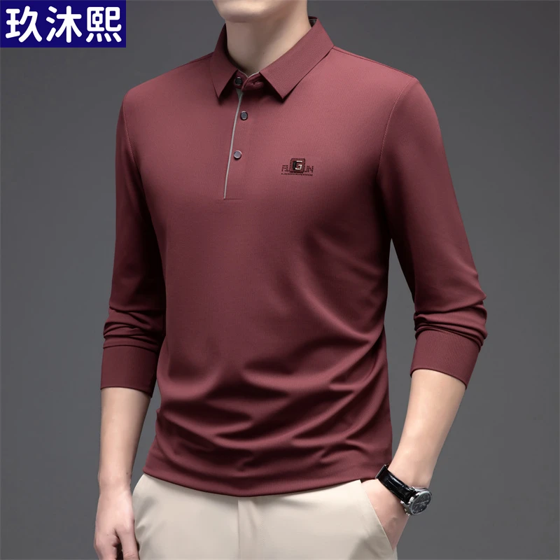 正品高档无痕男士翻领POLO衫2025春秋季新款中年休闲长袖t恤男装