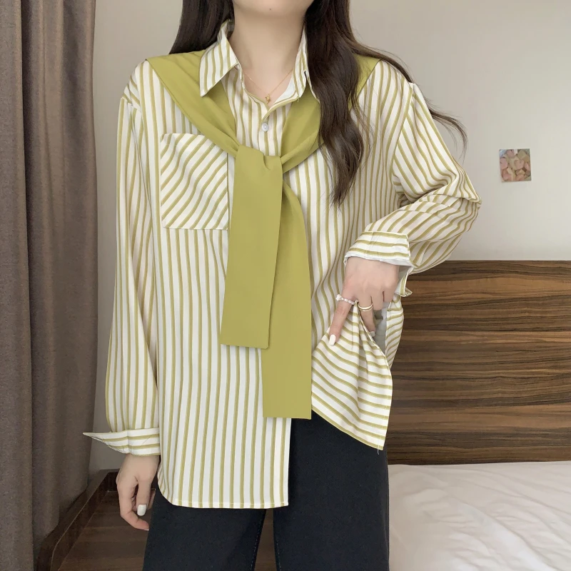 Z微胖mm大码假两件时尚独特披肩宽松显瘦ins港风条纹长袖开衫衬衣