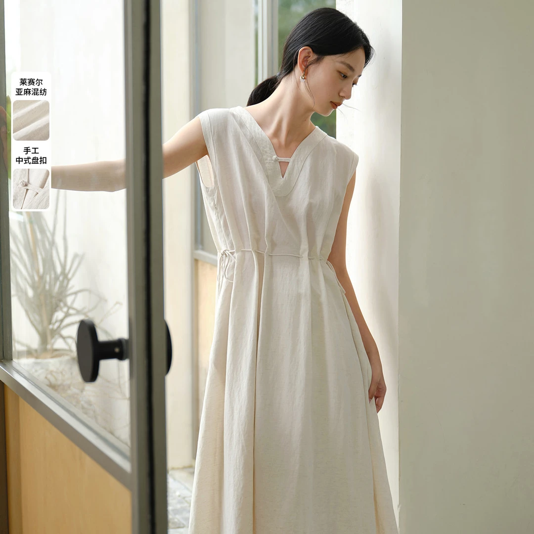 【含亚麻】无袖连衣裙女夏款国风新中式盘扣设计含天丝裙子夏季
