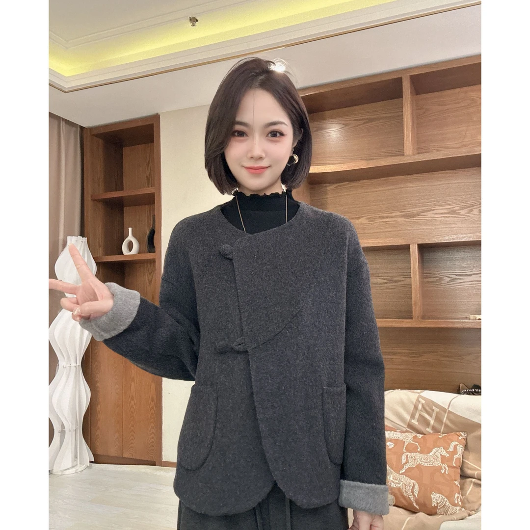 茜百万【双面色】圆领羊毛双面大衣女高级感短款毛呢外套女短外套