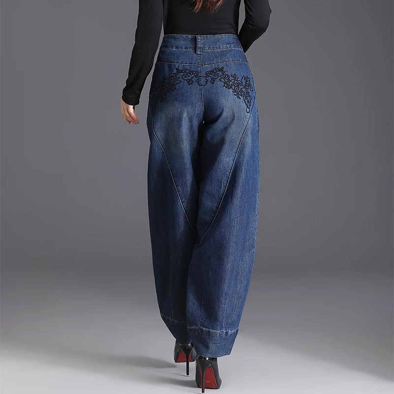春夏新款高腰绣花牛仔灯笼裤女宽松显瘦萝卜裤休闲阔腿裤时尚气质