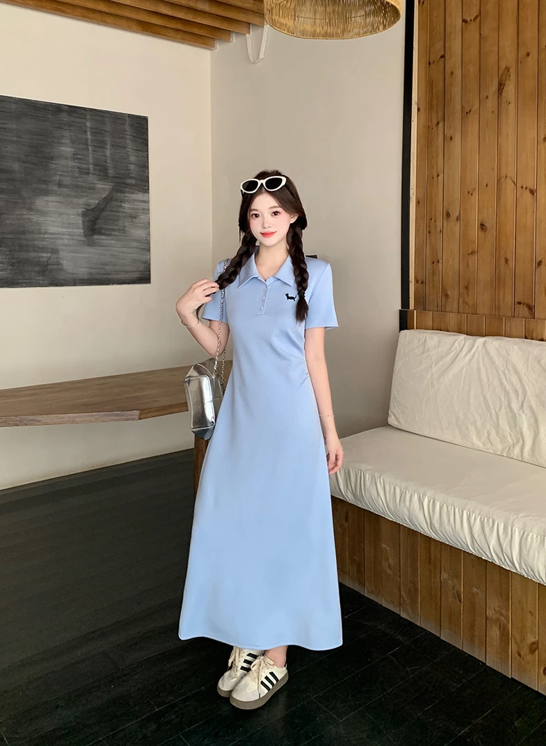 新款胖mm大码女气质休闲刺绣修身长短款polo领连衣裙22488+22399