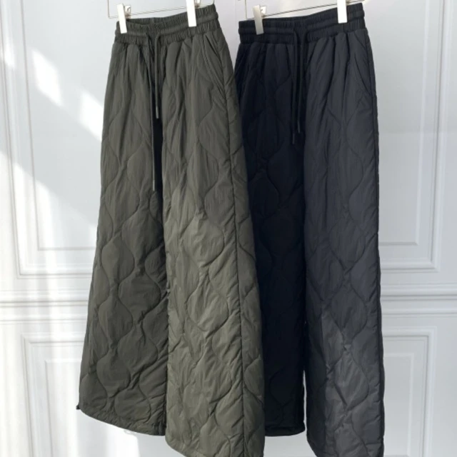 文艺系带松紧腰菱格压线鹅绒裤 90白鹅绒保暖防风休闲阔腿羽绒裤