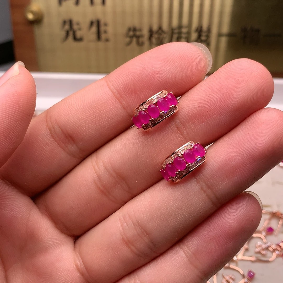 红宝石耳饰银S925镶嵌