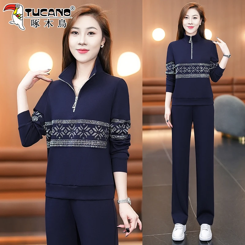 啄木鸟女士卫衣套装女2025新款春秋季中年妈妈宽松休闲运动两件套