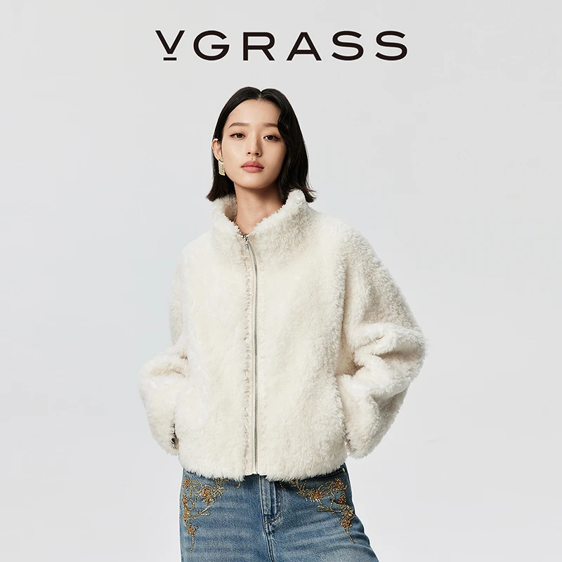 VGRASS泰迪风羊毛短外套25冬新款白色宽松落肩上衣女VSW3Q4388X