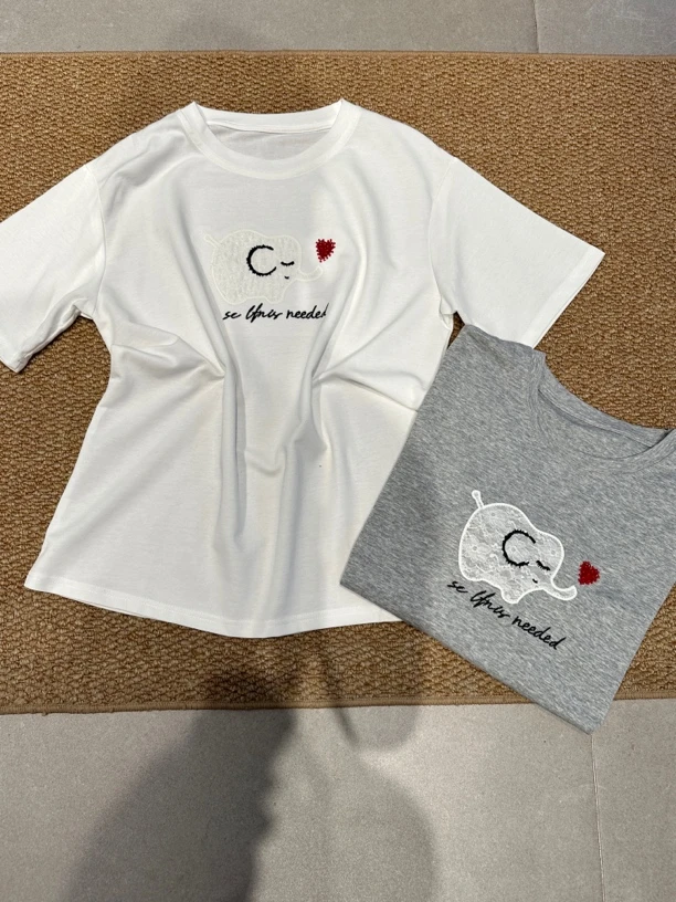 手工亮片小象刺绣百搭常规款白色T恤短袖韩版圆领短袖0102