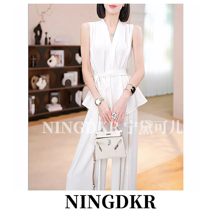 圳B40779法式气质V领绑带收腰无袖衬衫女高级感修身显瘦马甲上衣