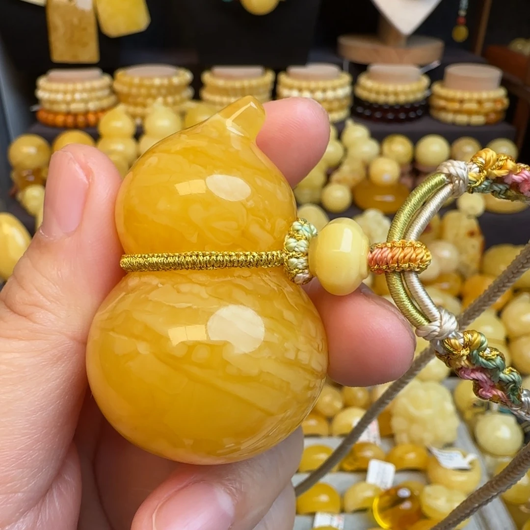 琥珀未镶嵌套链天然虎皮妖花蜜蜡葫芦吊坠