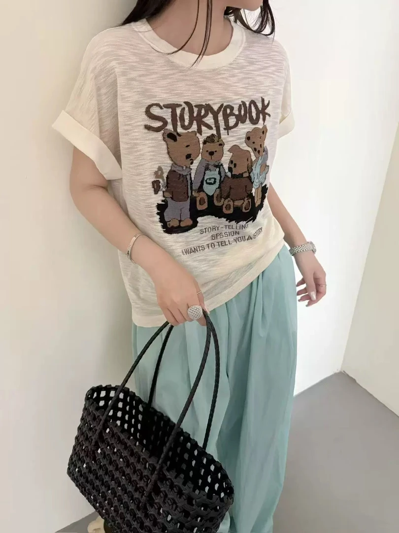 夏季新款竹节麻四只小熊短袖时尚百搭宽松设计感显瘦针织衫白色