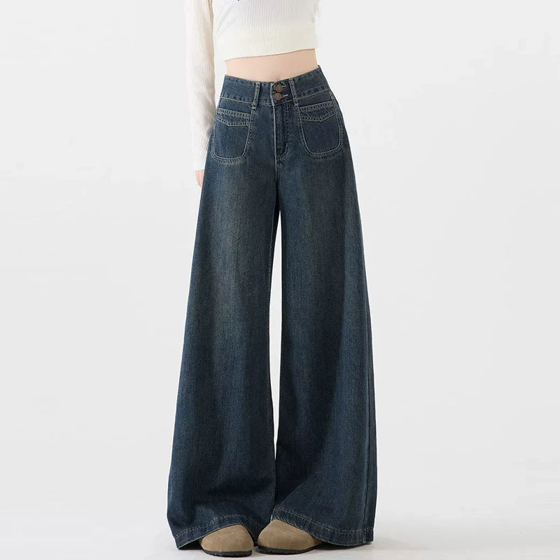双扣高腰牛仔裤女新款宽松百搭后皮标设计复古直筒拖地阔腿长裤子