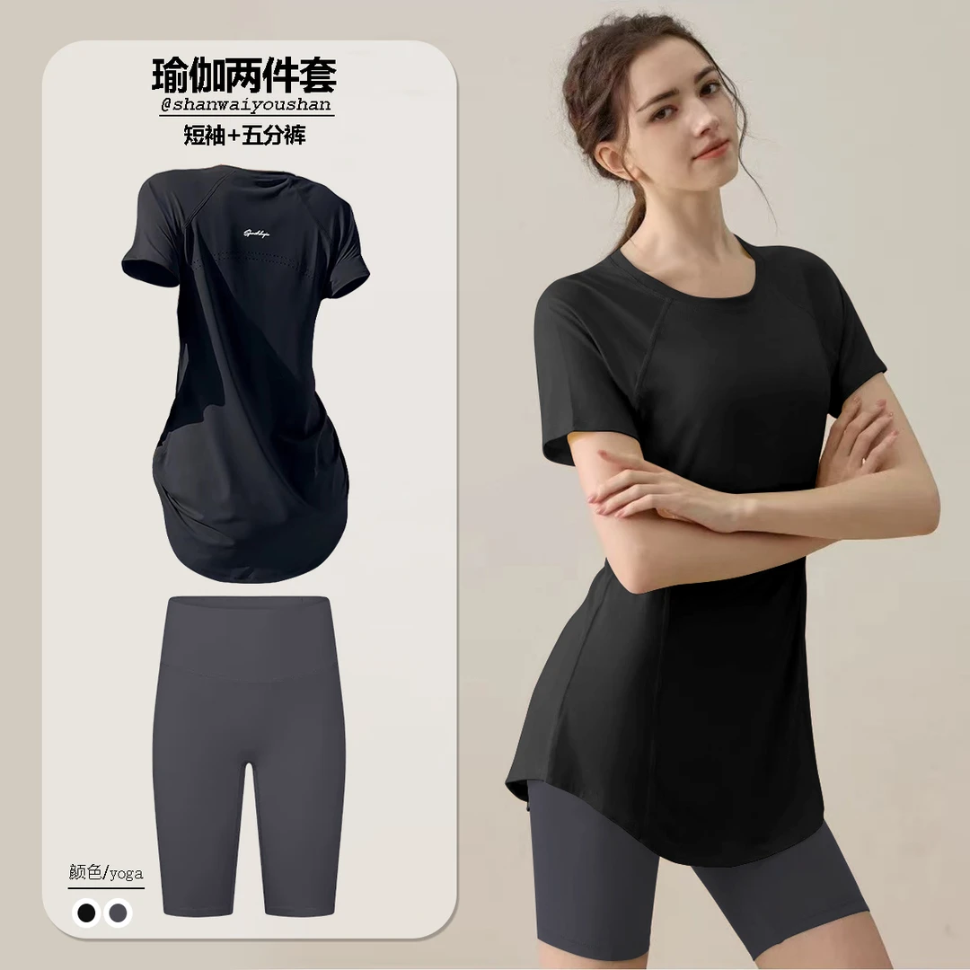 速干跑步套装女薄款夏季冰丝运动短袖宽松跑步网眼透气瑜伽服上衣