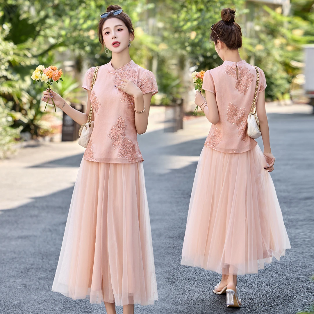 新中式国风刺绣套装裙女2025年夏季新款复古盘扣网纱半身裙两件套