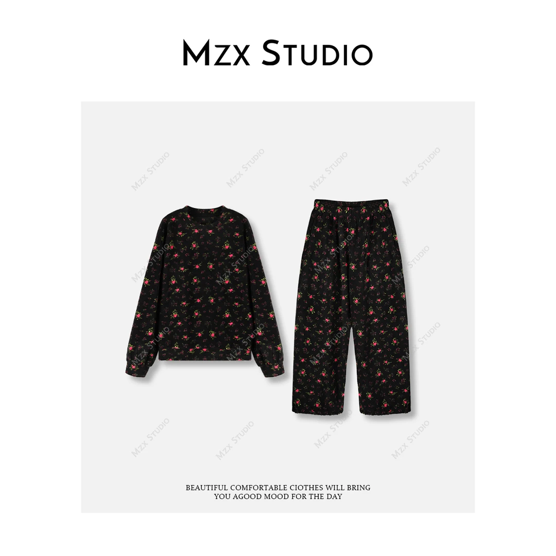 MZX 外穿复古黑色碎花设计感长袖上衣裤子两件套装TZ11862-Q