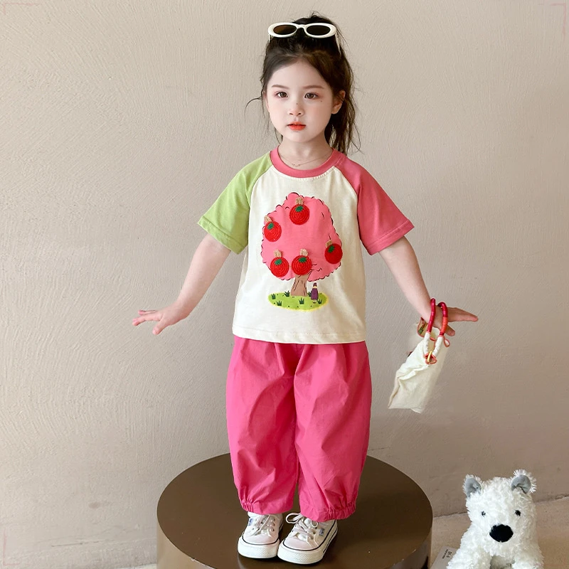 戴维贝拉【断码】2025新款洋气女孩短袖T恤防蚊裤两件套薄款夏装潮