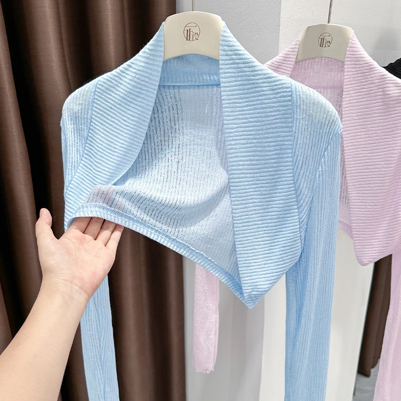 2025秋季新款吊带外搭长袖针织罩衫蓝色防晒开衫轻薄透气短外套女