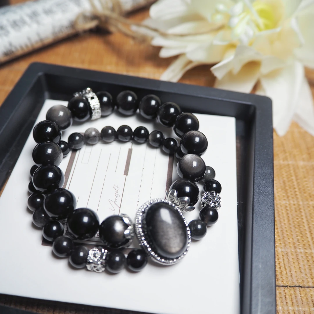 天然银曜石黑曜石双圈手串手链黑色复古精致大气