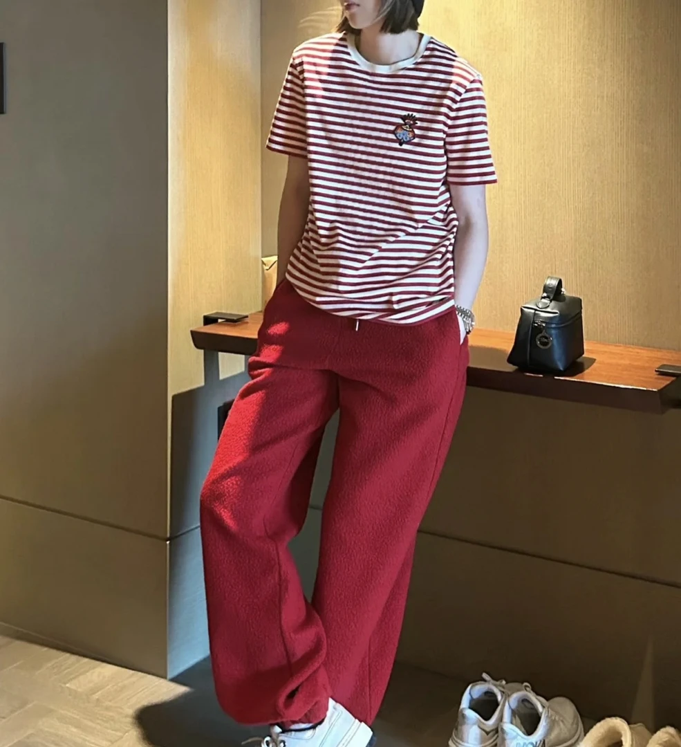 25新款新年灯笼T恤B68439Y5时尚休闲百搭纯棉条纹女款圆领针织