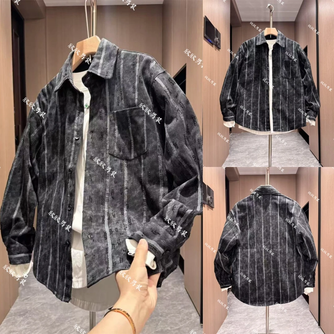 秋季纯棉提花破洞牛仔条纹燕尾宽松潮流休闲上衣