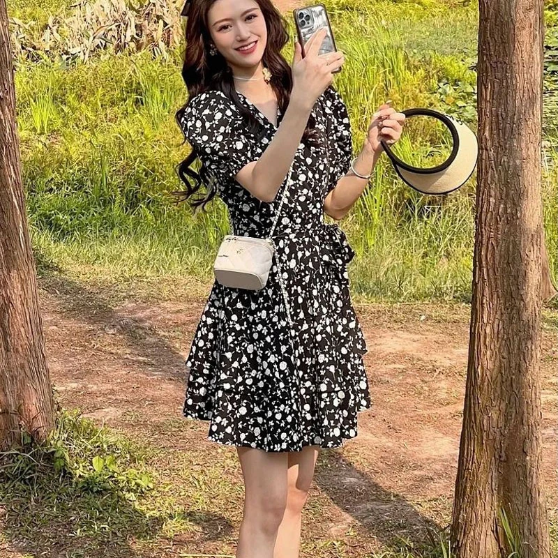 洋气小个子碎花连衣裙女夏季法式微胖A字裙长裙显瘦高档中长款裙