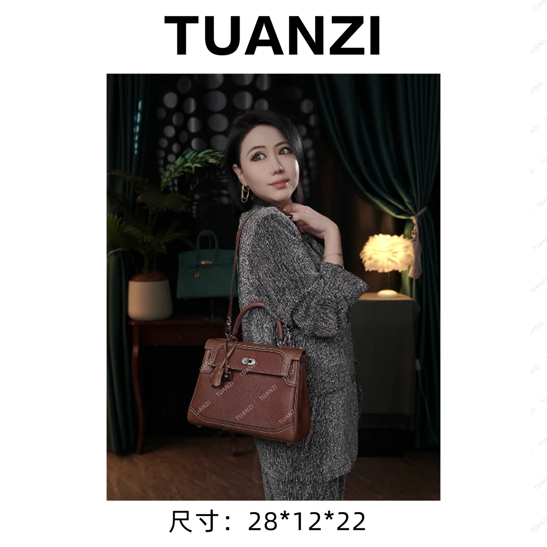『28cm银扣』手提斜挎腋下TUAN′ZI定制真皮女包 XKY-1117-金棕