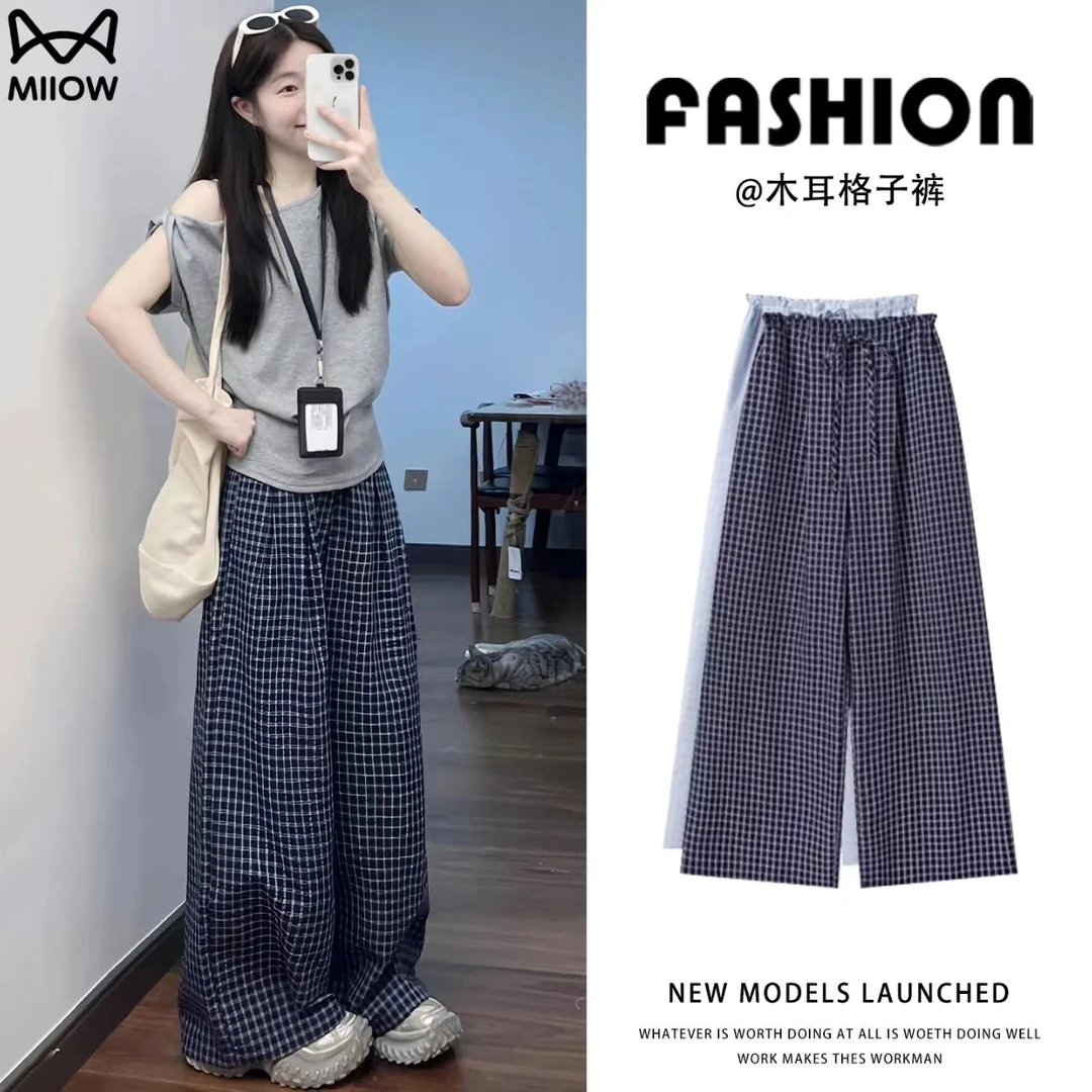 猫人蓝色格子裤女夏季薄款休闲高腰显瘦直筒裤宽松垂感拖地阔腿裤