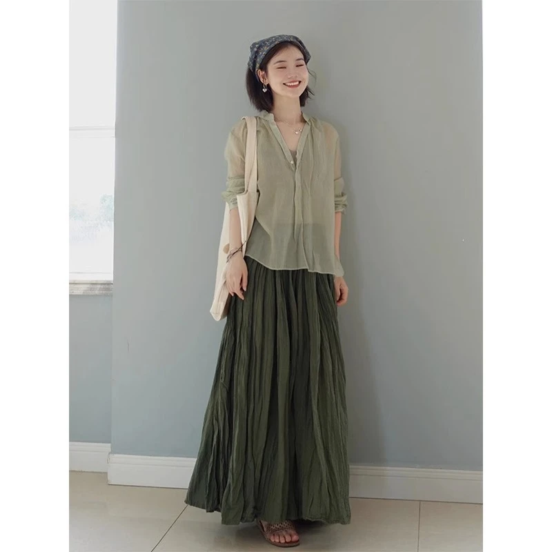 浅绿衬衫深绿半身裙两件套装休闲风夏季新款气质茶歇法式质感高级