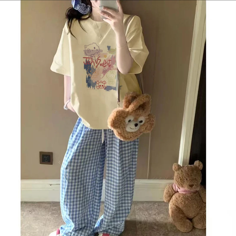 纯棉美式复古KT猫短袖t恤女夏季新款宽松百搭INS半袖情侣上衣