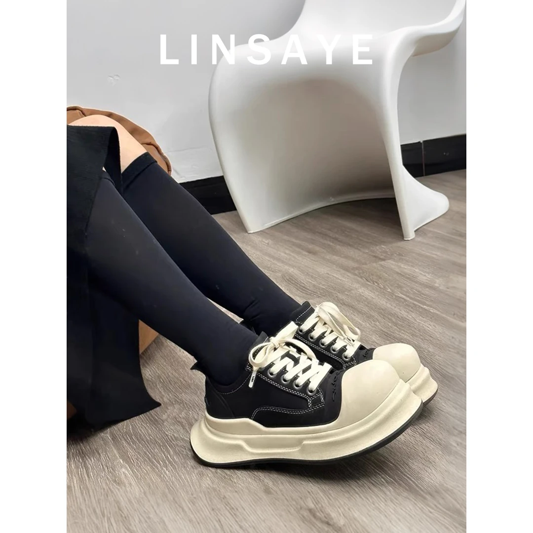 丑萌增高米奇黑白大头鞋女2025新款真皮百搭休闲运动厚底面包鞋潮