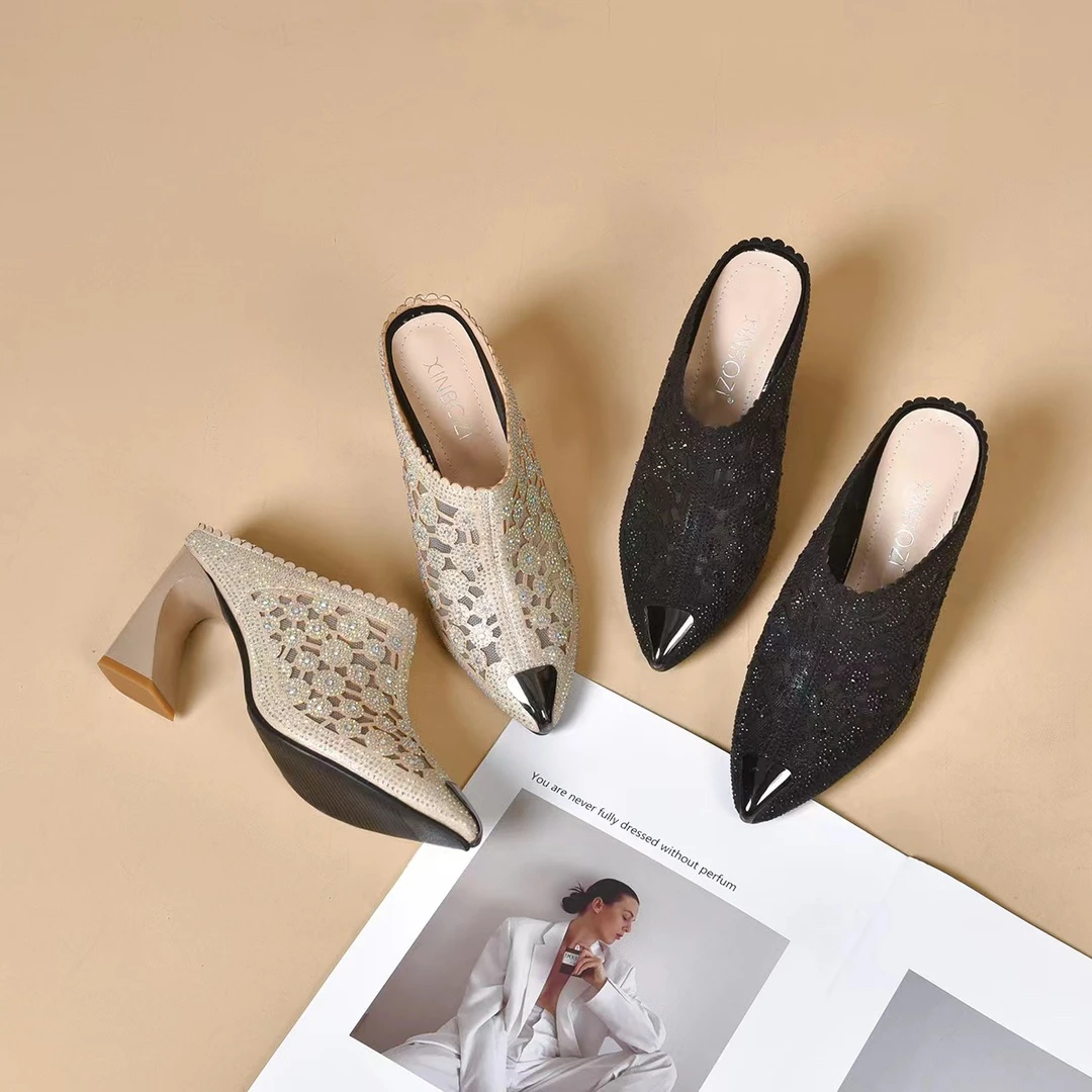 气质爆款御姐风镂空包头拖凉拖民族风网红半拖鞋尖头高跟鞋女鞋