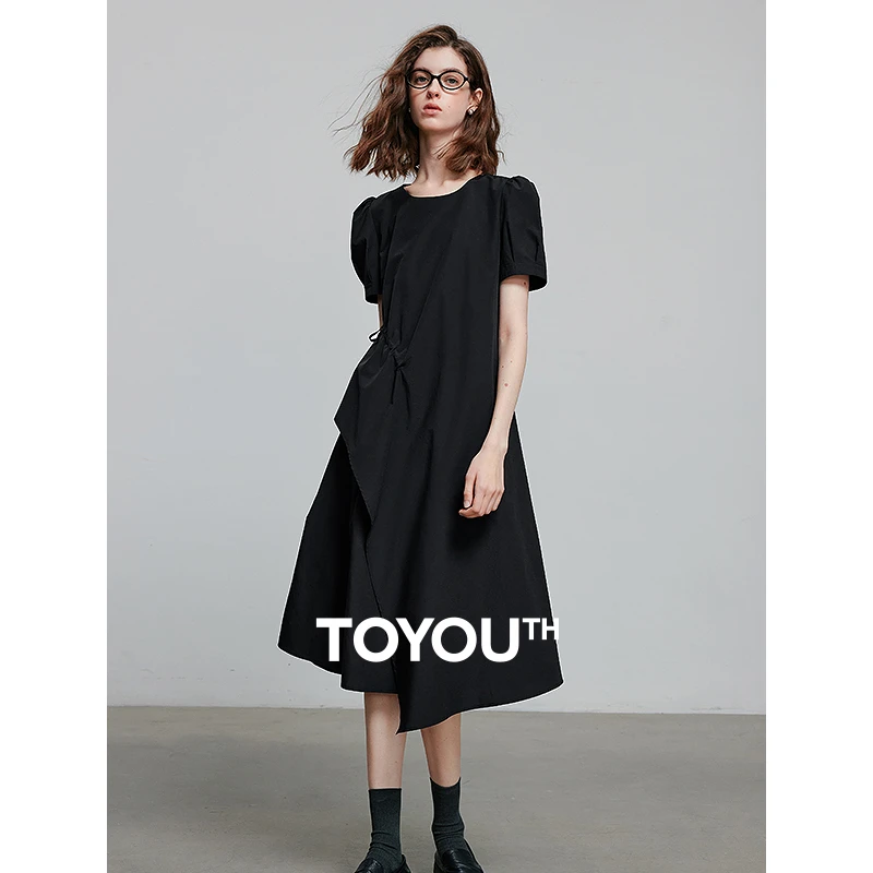 初语圆领泡泡袖连衣裙女25夏新抽褶设计不对称A字裙8529036