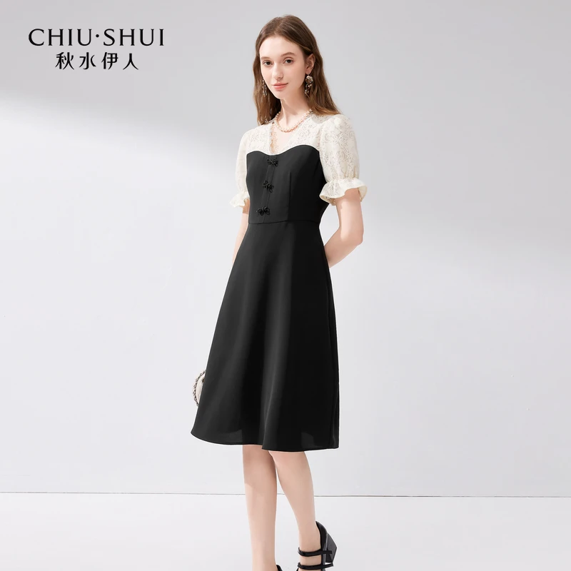 秋水伊人气质优雅蕾丝连衣裙2024年夏季新款女装法式假两件裙子