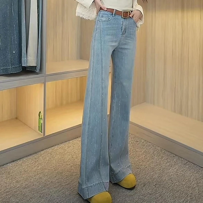 2025年春季新款天蓝色弹力高腰阔腿微喇裤烫钻显高显瘦牛仔裤女士