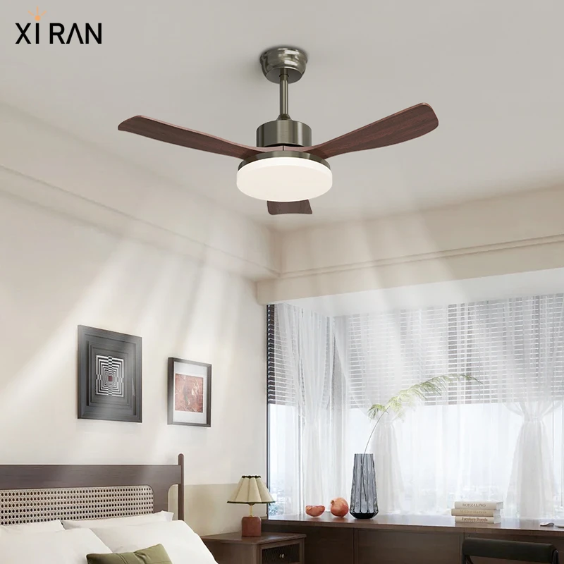 美式中古胡桃木纹风扇灯复古家用客厅餐厅吊扇灯新中式卧室护眼灯
