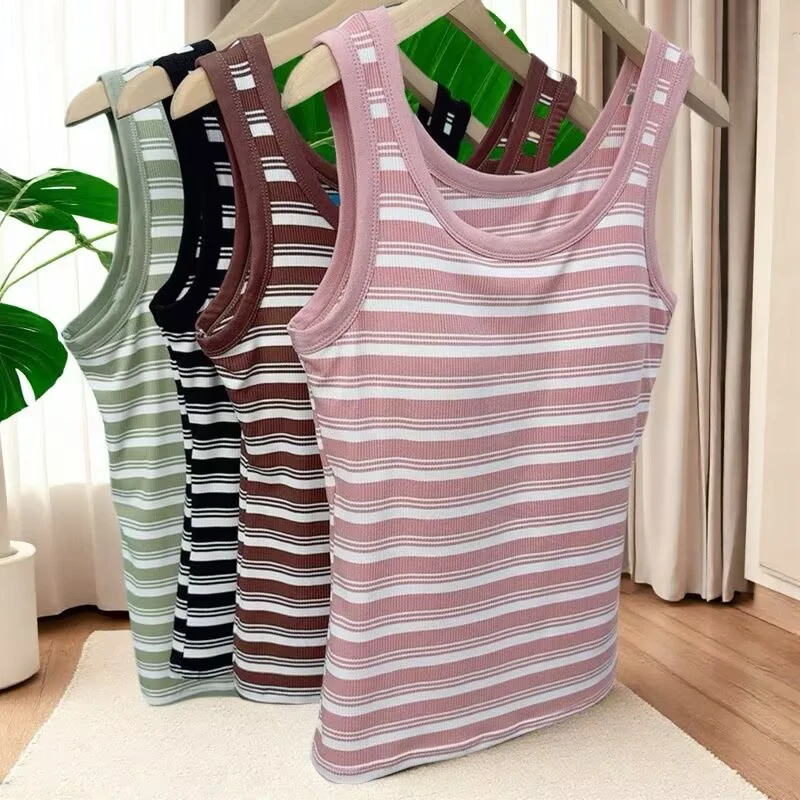 新款大版条纹美背女士螺纹打底无袖修身大码针织一体式文胸背心