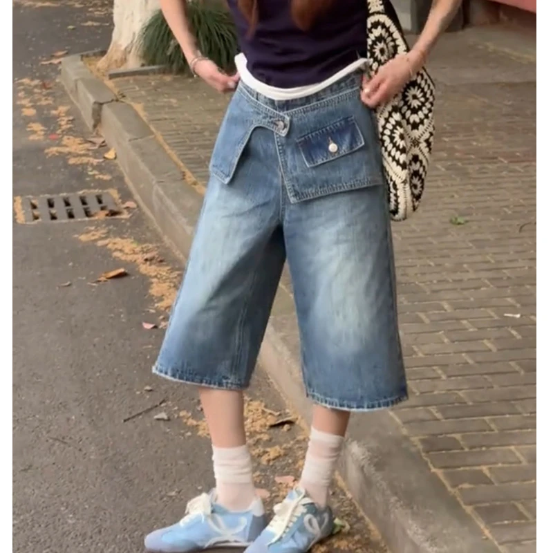 牛仔裤女2025年夏季新款裤子显瘦高腰爆款七分裤假两件屁帘阔腿裤