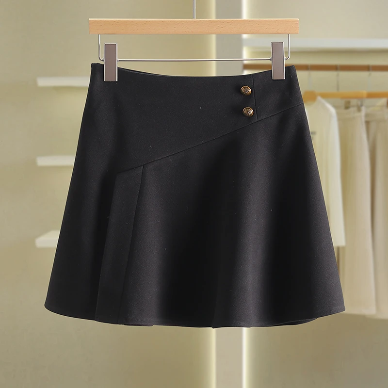 【伍莎-自营】减龄装饰扣高腰气质A字短裙#QPE48Q002