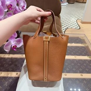 全新未使用 Hermes/爱马仕 水桶18 全心 金棕金扣 tc皮 W刻