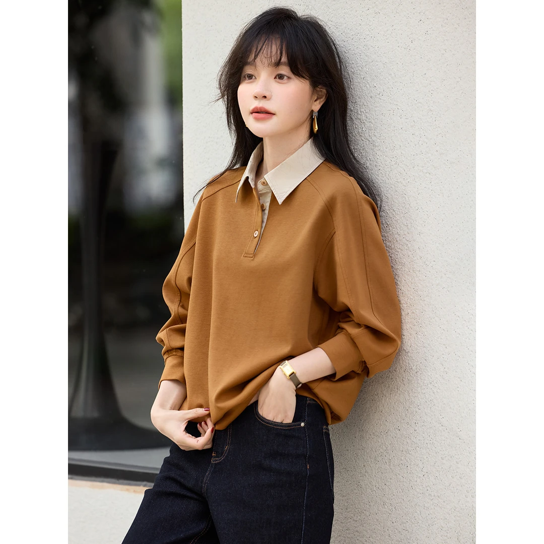 时尚翻领卫衣女春秋季长袖百搭休闲假两件上衣复古宽松叠穿T恤衫