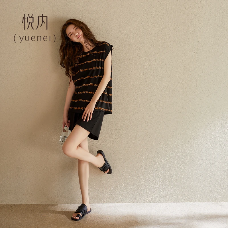 悦内【带胸垫】夏季凉感莫代尔棉无袖背心短裤女士家居服可外穿薄款