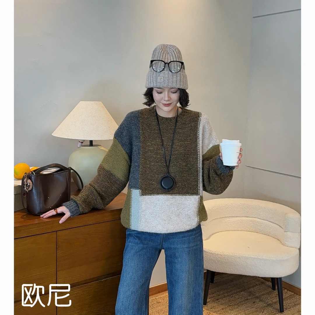 欧尼私服2025秋冬新款厚款针织圆领极简风潮流条纹毛2511C8010