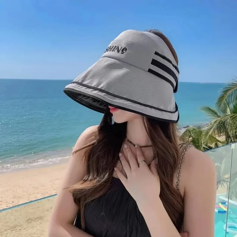 黑胶遮阳防晒帽夏季防紫外线遮脸空顶超大檐可折叠骑车帽B