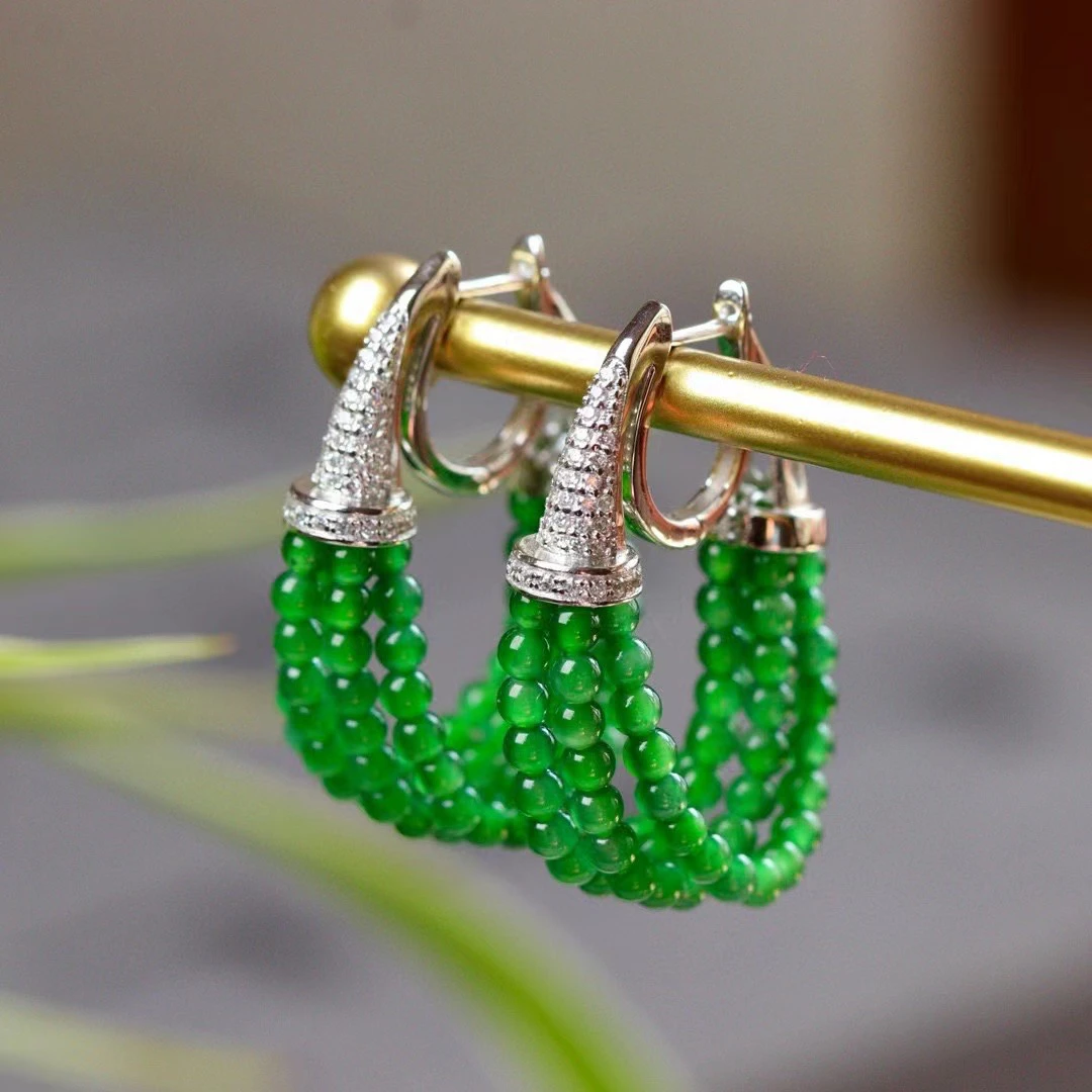 原创设计几何形天然A货翡翠高冰阳绿耳环复古名星同款小米珠耳坠