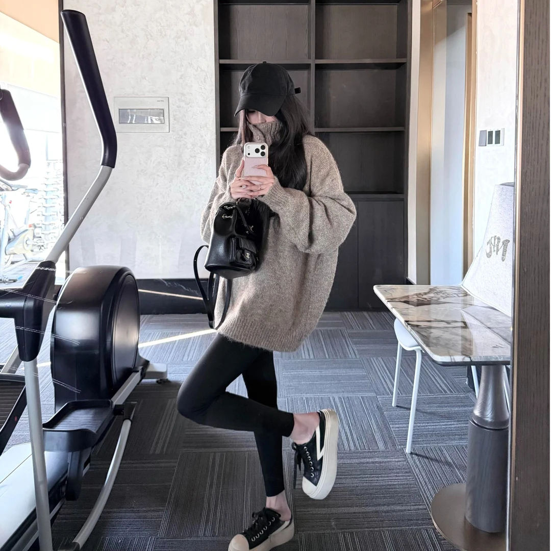 秋冬慵懒风中长款长袖毛针织衫百搭设计感上衣女外穿紧身打底长裤