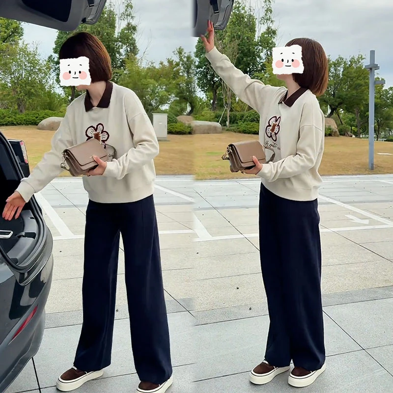 秋季新款设计感一整套百搭时尚Polo领长袖卫衣女休闲阔腿裤两件套